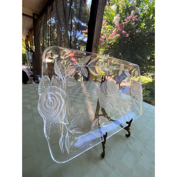 Cristal d'Arques Clear & Frosted Glass Tray with Roses 14 in X 8.25 in France - Picture 8 of 14